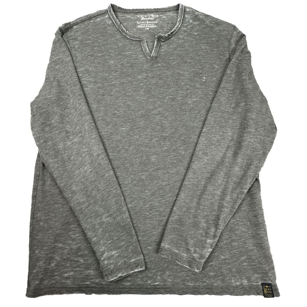 Lucky Brand Venice Burnout Shirt Men's L Gray Long Sleeve V Neck henley